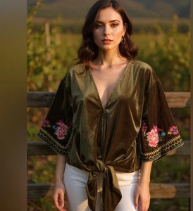 Top Boho Lovestitch Negro Terciopelo/Algodón Bordado S Elástico Corbata Frontal - Imagen 1 de 7