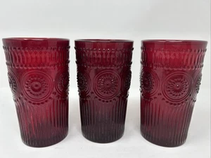 Set Of 3 Pioneer Woman Adeline Embossed Red Glass Tumblers 16 oz - Picture 1 of 14