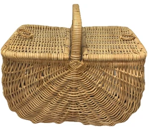 Cesta de picnic de doble tapa de mimbre grueso tejido a mano de colección con mango 14x18x21 - Imagen 1 de 10