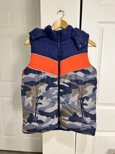 Mini Boden 13-14 Jahre Camouflage Farbblock durchgehender Reißverschluss gefütterte Weste marineblau orange Kapuze gebraucht, in einwandfreiem Zustand - Bild 1 von 11