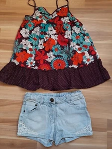 Shirt Top Tunika Orchestra geblümt + Jeans Shorts hellblau Spitze 128 - Bild 1 von 12