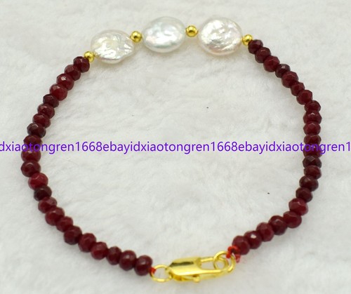 VALENTINO 2x4 mm giada rossa rondelle gemme perline e bracciali di perle monete bianche 7 5 pollici
