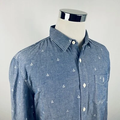 Zara Young Man Youth Boys XL Blue Chambray Shirt Blue White Anchors Cotton - Image 1 of 4