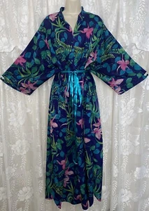 Vtg BLUE ONE SZ ORCHID Flower CAFTAN Peignoir Robe or Nightgown Gown pockets - Picture 1 of 9