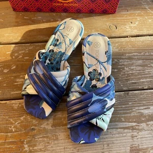 Womens Tory Burch Kira Slide Sandals Sz 6 Flats Blue Floral Leather Gem Fields - Picture 1 of 8