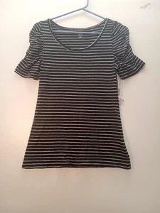 ANA Tshirt Women's Size Small PETITE Cinched Sleeve V Neck Black & White Stripe - Picture 1 of 11