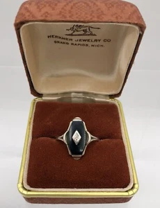 Anillo de cóctel vintage Estate Art Deco oro blanco 10K ónix negro y diamantes talla 7,25/b - Imagen 1 de 9