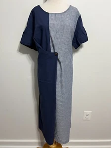 Zanzea Collection Faux Wickelkleid marineblau mit blau-weißen Streifen Farbblock 4XL - Bild 1 von 18