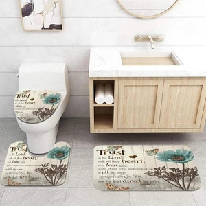 Rustic Elegant Teal Tulip Bath Rug, Modern Farmhouse Beige and Teal Floral Fa... - Picture 1 of 2