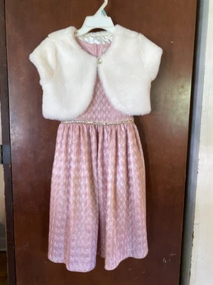 TAHARI Pink Gold Sparkle Dresss with white Faux Fur Shrug Girls Size 5 - Image 1 of 4