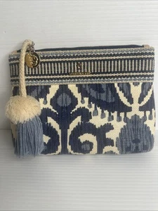 SPARTINA 449 Blue White Clutch Pouch Toiletry Cosmetic Bag Greece Linen Leather - Picture 1 of 14