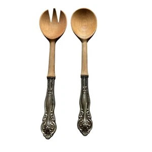 Vintage American Sterling Silver Wood Salad Set Spoon Fork 10" long MCM - Picture 1 of 4