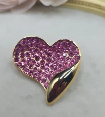 Valentine's Day Pink Rhinestone Heart Brooch With Gold Tone Crystal Sparkle - Image 1 of 4