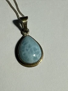 Blue LARIMAR TEARDROP 1”Pendant 925 Sterling Silver 18” Chain - Picture 1 of 7