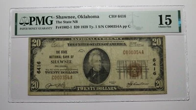 $20 1929 Shawnee Oklahoma OK National Currency Bank Note Bill Ch. #6416 F15 PMG - Image 1 of 4