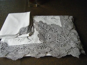 Vtg Madeira tablecloth 12 napkins insert h bobbin lace w floral emb/ry 98 x 64" - Picture 1 of 23