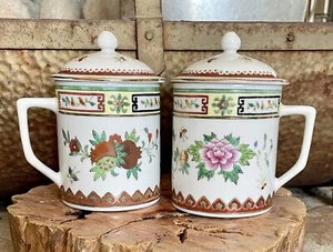 Chinese Tea Cups HandPainted Porcelain Lidded Coffee Set Lot 2- Gold Trim #1D - Picture 1 of 6