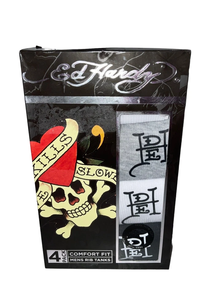 Paquete de 4 tanques acanalados Ed Hardy de ajuste cómodo para hombre talla mediana nuevos Foto 1 de 4