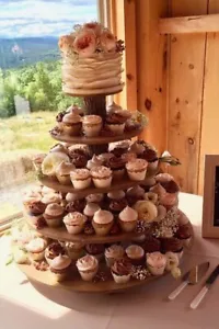 120 Cupcake Donut Stand (Tower Holder) 5 Tiers Wedding Party Wooden Rustic Bark - Picture 1 of 6