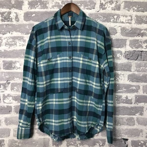 Free People Shirt Women Extra Small XS Blue Green Plaid Button Fringe Outdoor - Picture 1 of 15
