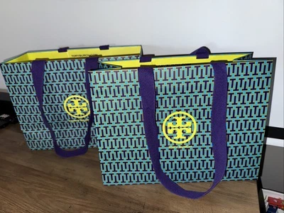 2 Tory Burch бумаги подарок сумка ткани ручки знаковый логотип 12 «x 9» x 5» бирюзовый фиолетовый - Изображение 1 из 4