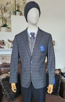 APT 9 PREMIER FLEX SLIM FIT CHARCOAL GREY GLEN PLAID SUIT 40R JACKET 34/29 PANTS - Image 1 of 4