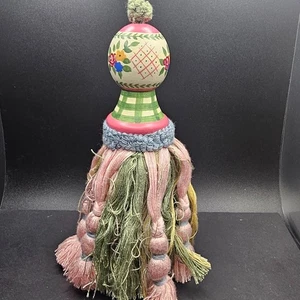 Tassel Pull Cord Finial Curtain Tie-Back LARGE Wood Hand Painted Pink Green Vtg - Picture 1 of 9