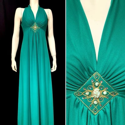 1970’s HOLIDAY GREEN Plunging Neckline Maxi Dress Vintage Christmas Cocktail - Image 1 of 4