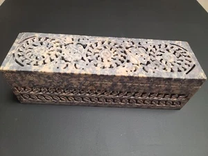 Indian Vintage Soapstone Carved Storage Rectangular Jewelry Marble Box - Picture 1 of 10