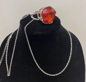 Costume Jewelry Huge RED Rhinestone Silver Tone Ring Pendent On Chain - Picture 1 of 4