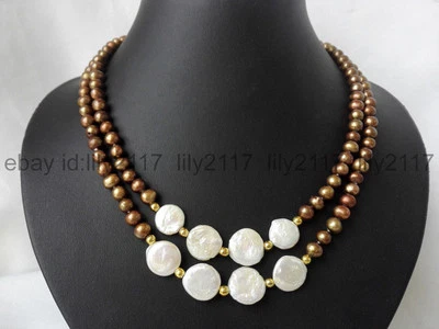 2 filas 7-8mm café 11-12mm moneda blanca perlas agua dulce collar 18-19"" Foto 1 de 4