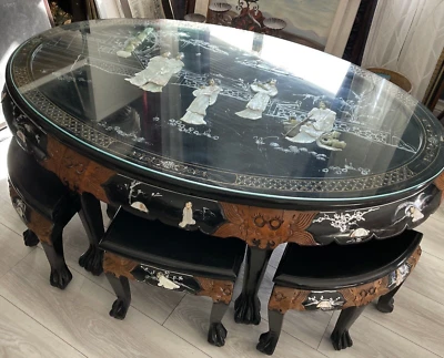 Mesa baixa chinesa vintage com 6 cadeiras puxáveis, madrepérola laca preta - Imagem 1 de 4