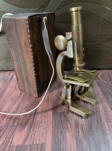 Vintage Brass Microscope Student Microscope 7 Inch Monocular Type W/Leather Box - Picture 1 of 15