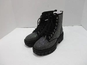 Madden Boots Shoes Womens 6 Black Sequin Combat Mid Calf Lace Up Zip New - Picture 1 of 11