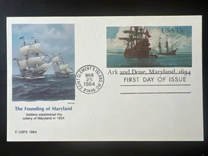 Ark and Dove Maryland Founding 13c Postcard 1st Day Issue Fleetwood 1984 - Picture 1 of 2