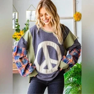 Oli & Hali Vintage Peace Top Long Sleeve Plaid Boho Size M - Picture 1 of 9