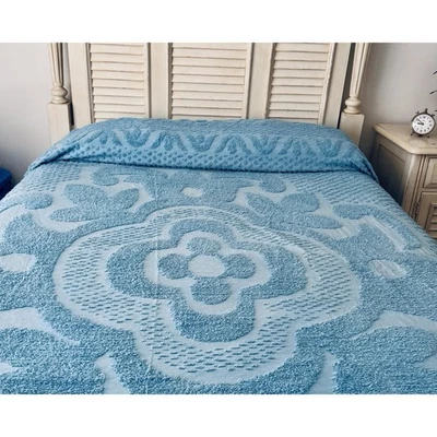 Colcha king size vintage azul algodão chenille espetacular - Imagem 1 de 4