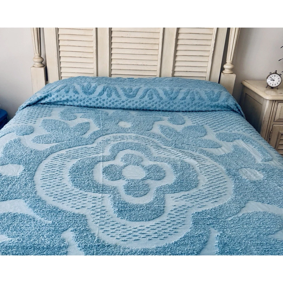 Винтажный синий хлопок шениль королевский размер покрывало впечатляющий - Изображение 1 из 4