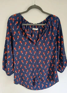 Old Navy Vogel Print Knopfleiste Damen S blau mit roten Birdies V-Ausschnitt 3/4 Ärmel - Bild 1 von 8