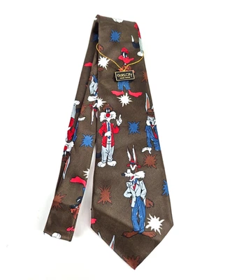 Винтажный коричневый галстук Looney Tunes Bugs кролик, сильвестр, хитрый койот галстук шелк - Изображение 1 из 4
