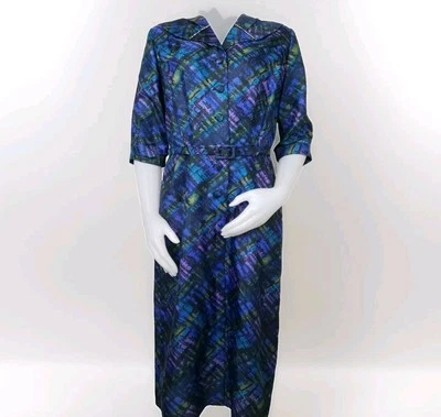 Vtg Career Dress Sz 16 Volump Belted Brutalist Peacock Blue Jeweled Collar 50s - Image 1 of 4