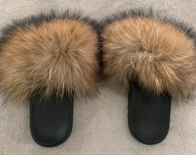 Women Sz 9-10 / 40-41 Real Fur Flat Shoes Fluffy Flip Flop Slippers Sliders Gift - Image 1 of 4