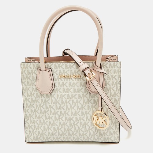 Borsa Michael Kors mini Mercer firmata avorio rosa rivestita in tela e pelle