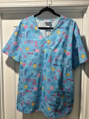 SB Scrubs Blue Medical Scrub Top Mock Wrap Breast Cancer Awareness Size 2X - Image 1 of 4