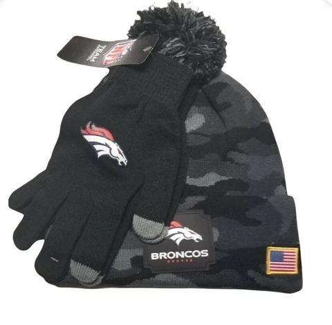 Denver Broncos NFL Salute to Service Beanie Winter Hat & Gloves Grey Black Cover