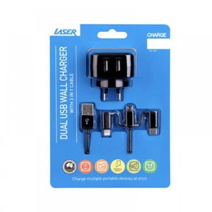 Laser Dual USB Wall Charger With 3 In 1 Micro/8 Pin/USB-C Phone Charging Cable - Picture 1 of 4