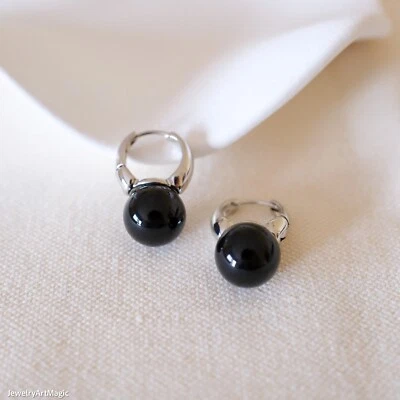 Pendientes de aro de ónix negro de 12 mm, pendientes de piedra negra, pendientes de piedras preciosas, regalos Foto 1 de 4