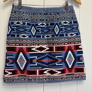 Karen Kane Mini Skirt Women Size 4 Red Blue Southwestern Tapestry Boho Tribal - Picture 1 of 6