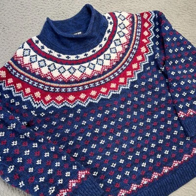 Lands End Sweater Womens XL Blue Roll Neck Fair Isle Chinky Knit Cotton Wool - Image 1 of 4