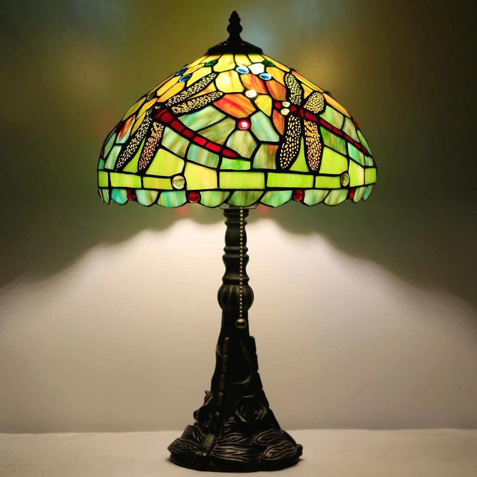 Lámpara de mesa Tiffany lámpara de vitral 12X12X19 pulgadas luz de lectura antigua (verde Foto 1 de 4
